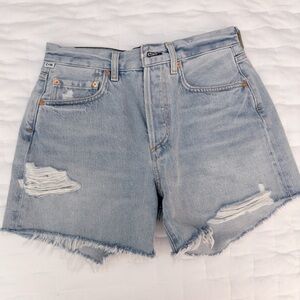 Citizens of Humanity Annabelle Long Denim Shorts Melody Light Wash Blue Distress